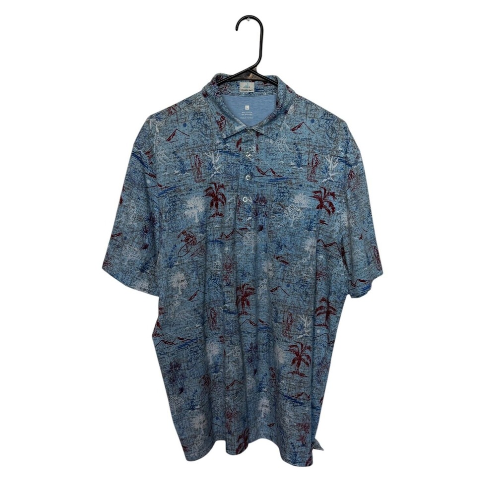 johnnie-O Polo Shirt Mens Large Blue Tropical Palm Beach Surf Golf Hangin Out